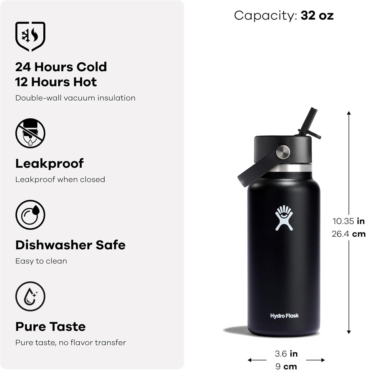 imageHydro Flask Water Bottle Insulated Stainless Steel Wide Mouth Flex Straw Lid Non Spill Leakproof and Refillable in 32 Oz Mermaid GreenLinen Rose Gold