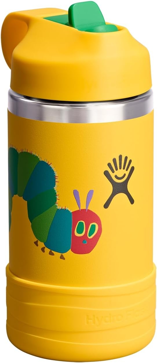image:imageHydro Flask Kids Water Bottle for School Stainless Steel and Insulated with Straw Cap 12 Oz in Blossom PinkYellow Caterpillar