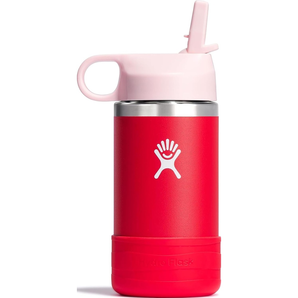 image:imageHydro Flask Kids Water Bottle for School  Stainless Steel and Insulated with Straw Cap  12 Oz in Blossom PinkGoji Red